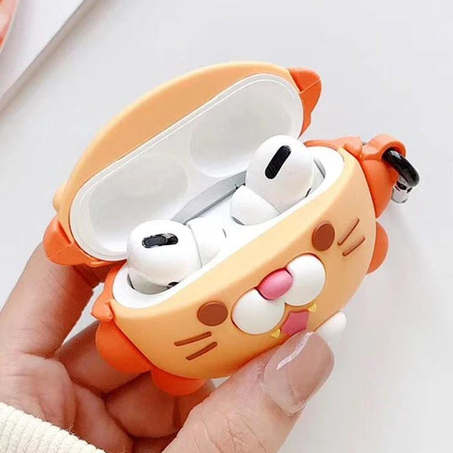 Protective Lion Case for Apple AirPods Pro During Daily Outings - orange lion silicone dustproof antifouling case with keyring, shown open with AirPods Pro