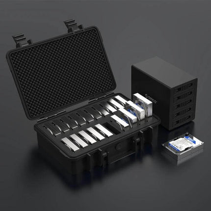 ORICO 20-Bay Protective Case for 3.5-Inch Hard Drives shown open with 3.5-inch HDDs organized inside for secure transport and storage
