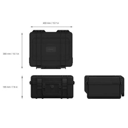 ORICO 20-Bay Protective Case for 3.5-Inch Hard Drives shown in top, front and side views with dimensions 400x360x195mm