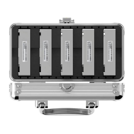 ORICO Aluminum Alloy 3.5-Inch Hard Drive Protection Box top view open showing five drives in EVA-padded aluminum storage case