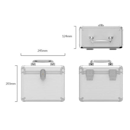 ORICO Aluminum Alloy 3.5-Inch Hard Drive Protection Box showing front, back and top views with dimensions 245×203×124mm