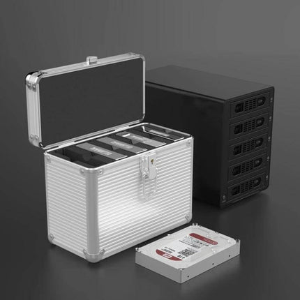 ORICO Aluminum Alloy 3.5-Inch Hard Drive Protection Box open with multiple 3.5-inch HDDs inside and spare drive beside it
