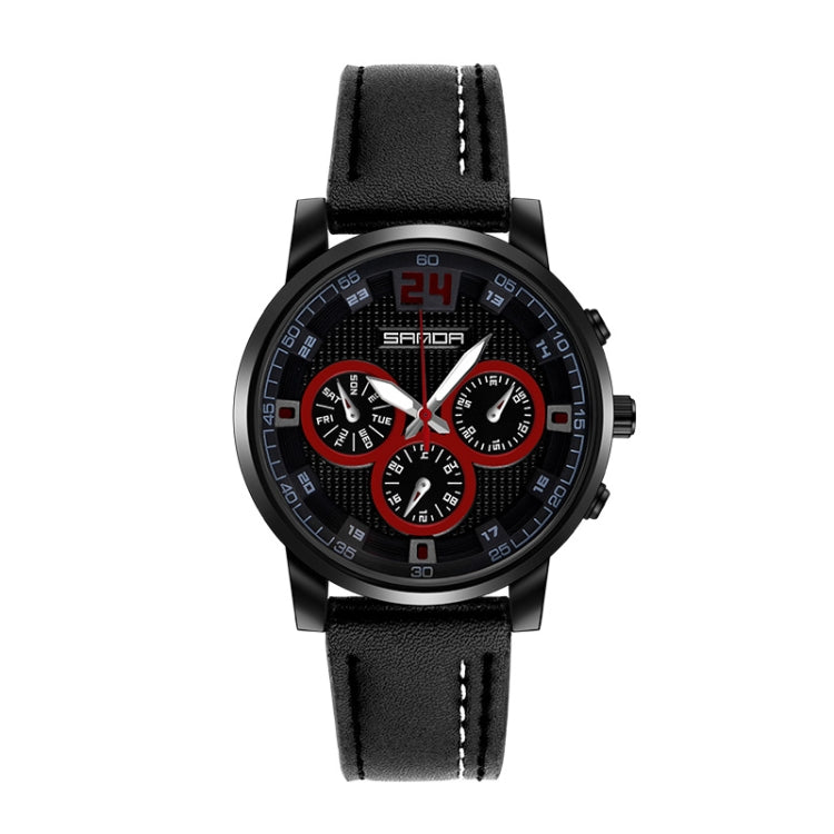 SANDA 5009 Montre à quartz pour homme, décontractée, étanche, en cuir, à trois yeux et six aiguilles, à la mode et professionnelle