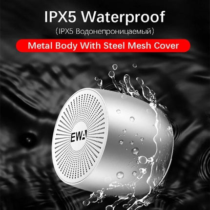 EWA Compact Bluetooth Speaker For Jogging And Travel shown IPX5 waterproof metal body with steel mesh cover splashing water