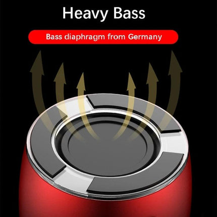 EWA Compact Bluetooth Speaker For Jogging And Travel showing heavy bass top view with arrows, portable red speaker, Bluetooth, TF card, AUX