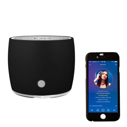 EWA Compact Bluetooth Speaker For Jogging And Travel compact black speaker with phone showing music app, portable for runs