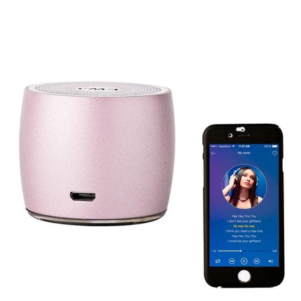 EWA Compact Bluetooth Speaker For Jogging And Travel pink portable speaker with phone showing music playback, pocket‑friendly size