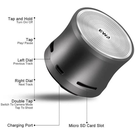 EWA Compact Shower Speaker For Portable Daily Hands Free Use small splash‑resistant speaker with tap controls and charging port