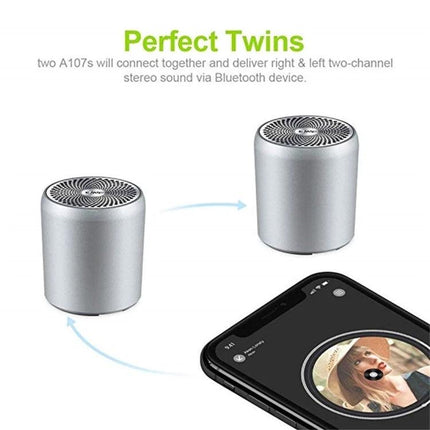 EWA Compact Portable Speaker For Home And Travel Use showing two silver speakers paired with a smartphone playing music
