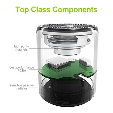 EWA Compact Portable Speaker For Home And Travel Use showing transparent cylinder and internal components
