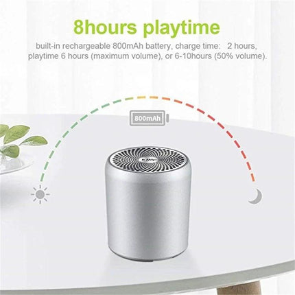 EWA Compact Portable Speaker For Home And Travel Use silver cylindrical speaker with 8 hours playtime