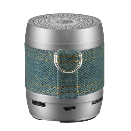 EWA Compact Portable Bluetooth Speaker For Pocket Use small silver speaker with denim wrap, IPX6 splash resistant, built-in mic