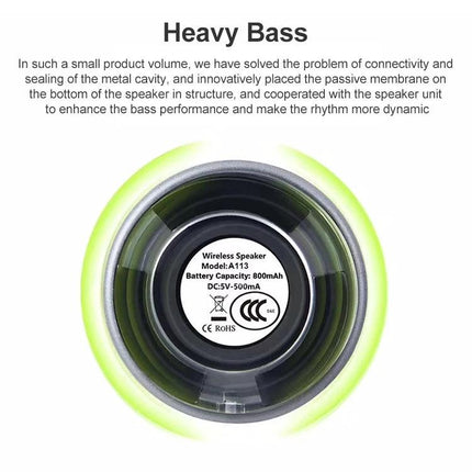 EWA Compact Portable Bluetooth Speaker For Pocket Use showing heavy bass passive radiator and IPX6 splash resistant design