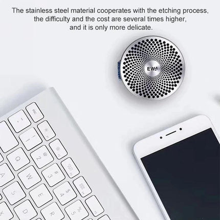 EWA Compact Portable Bluetooth Speaker For Pocket Use shown beside keyboard and phone, IPX6 splash-resistant pocket speaker