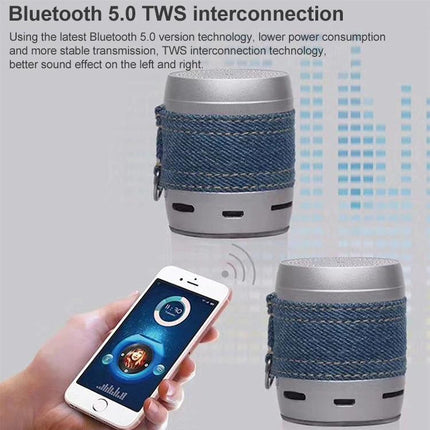 EWA Compact Portable Bluetooth Speaker For Pocket Use shown with phone pairing, denim-wrapped mini speaker, IPX6 splash resistant design