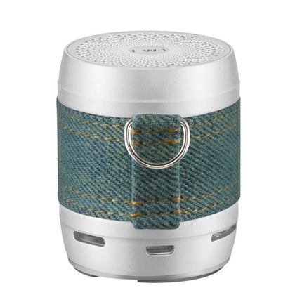 EWA Compact Portable Bluetooth Speaker For Pocket Use shown in white with denim wrap, D-ring and IPX6 splash-resistant design