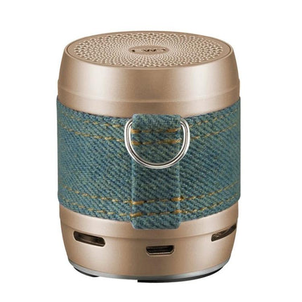 EWA Compact Portable Bluetooth Speaker For Pocket Use small gold speaker with denim strap, IPX6 splash resistance, built-in mic