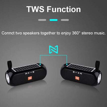 TG Solar Portable Speaker For Outdoor Picnics And Hikes showing two black solar Bluetooth speakers paired for TWS stereo