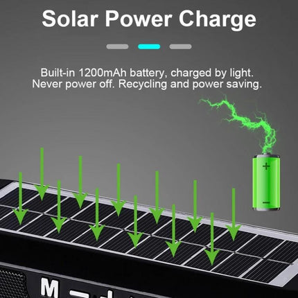 TG Solar Portable Speaker For Outdoor Picnics And Hikes showing solar panel charging arrows and battery icon in sunlight