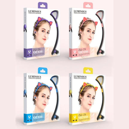 Cat Ear Bluetooth Headset With LED Lights For Commuting And Casual Use colorful boxed sets showing four headsets with LED cat ears