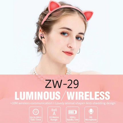 Cat Ear Bluetooth Headset With LED Lights For Commuting And Casual Use shown on a woman modeling pink cat ear wireless headset