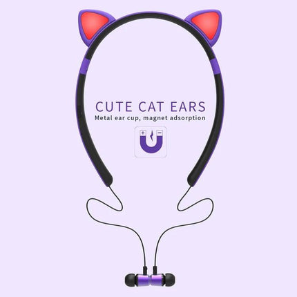 Cat Ear Bluetooth Headset With LED Lights For Commuting And Casual Use shown in purple with glowing cat ears and inline earbuds
