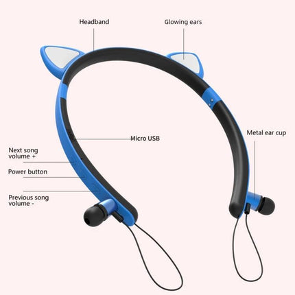 Cat Ear Bluetooth Headset With LED Lights For Commuting And Casual Use showing blue glowing cat ears, earbuds, controls