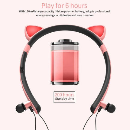 Cat Ear Bluetooth Headset With LED Lights For Commuting And Casual Use pink wireless headset shows battery icon play 6 hours