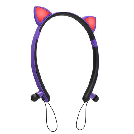 Cat Ear Bluetooth Headset With LED Lights For Commuting And Casual Use purple neckband with glowing cat ears, earbuds for calls and music