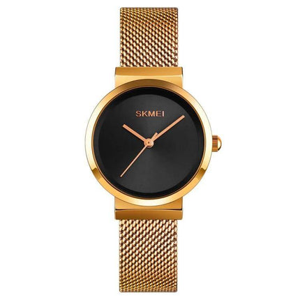 Skmei Waterproof Quartz Watch for Women and Daily Wear - gold mesh band, black dial, analog business-style watch, 30M water resistant