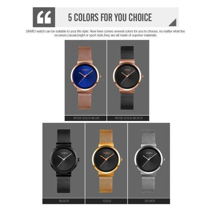 Skmei Waterproof Quartz Watch for Women and Daily Wear - five color options of slim mesh band analog watches (rose gold, black, gold, silver, blue)