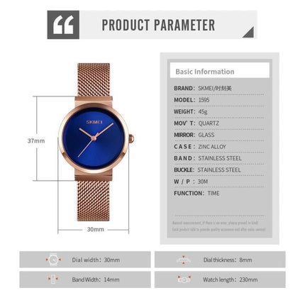 Skmei Waterproof Quartz Watch for Women and Daily Wear - rose gold mesh band, blue dial, 30m water resistant, 37x30mm professional daily watch
