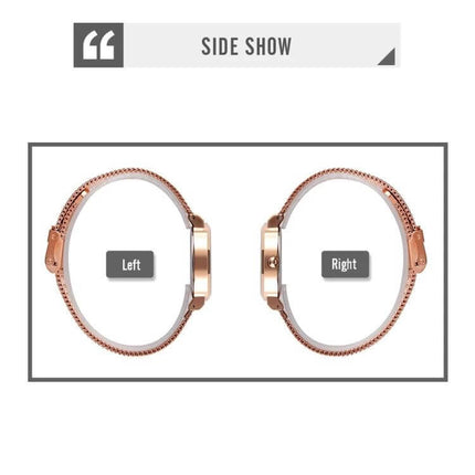 Skmei Waterproof Quartz Watch for Women and Daily Wear - rose gold side view showing left and right profiles, slim mesh band and analog case