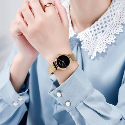 Skmei Waterproof Quartz Watch for Women and Daily Wear – gold mesh band black dial professional everyday water-resistant watch