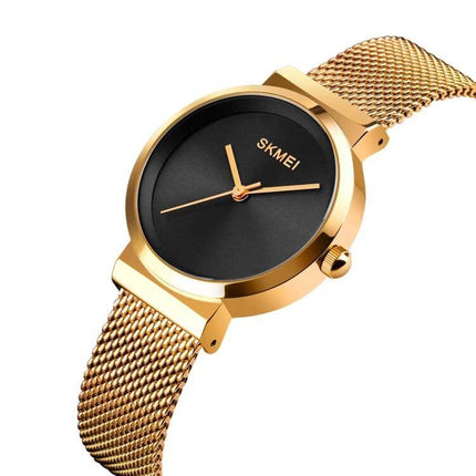 Skmei Waterproof Quartz Watch for Women and Daily Wear - gold mesh band black dial elegant waterproof 30m work and casual timepiece