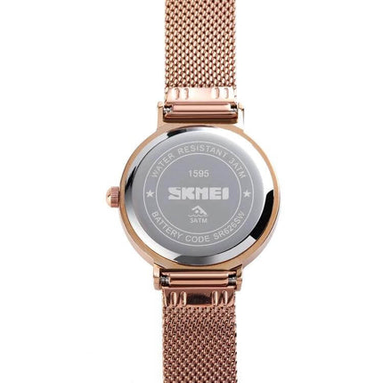 Skmei Waterproof Quartz Watch for Women and Daily Wear - rose gold mesh band back view, 30M water resistant professional everyday timepiece