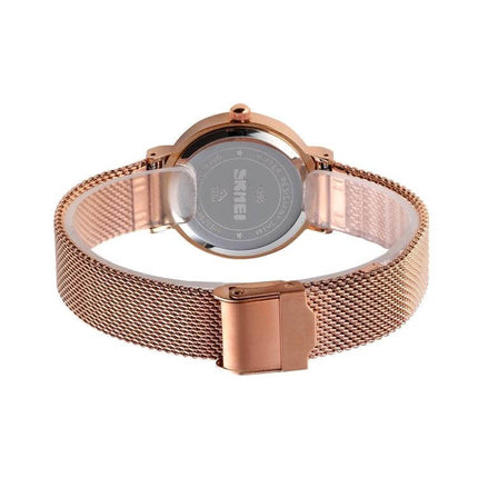 Skmei Waterproof Quartz Watch for Women and Daily Wear - rose gold mesh band, 30m water resistant analog watch shown from back