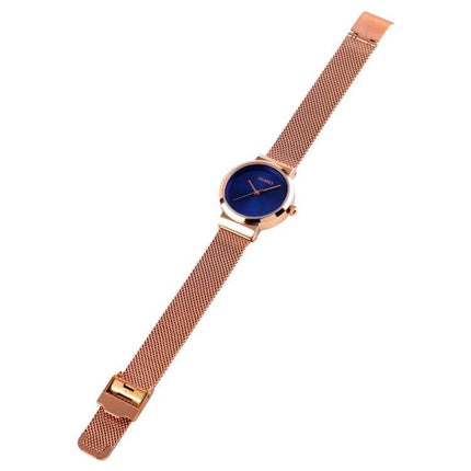 Skmei Waterproof Quartz Watch for Women and Daily Wear - rose gold mesh band, blue dial analog watch for work and everyday use, 30m water resistant