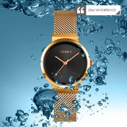 Skmei Waterproof Quartz Watch for Women and Daily Wear - gold mesh analog watch, 30m water resistant, professional everyday timepiece