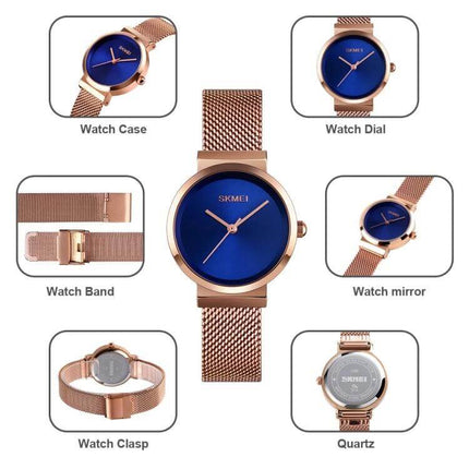 Skmei Waterproof Quartz Watch for Women and Daily Wear — rose gold mesh band, blue analog dial, 30M water resistant, professional everyday style