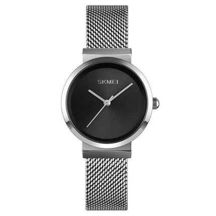 Skmei Waterproof Quartz Watch for Women and Daily Wear - stainless mesh band, black dial, analog business-style watch, 30M water resistant