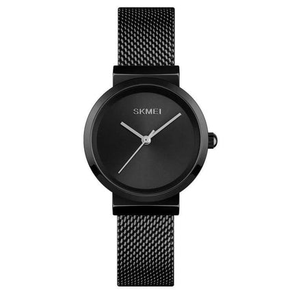 Skmei Waterproof Quartz Watch for Women and Daily Wear - black minimalist analog work watch, 30m water resistant, mesh band