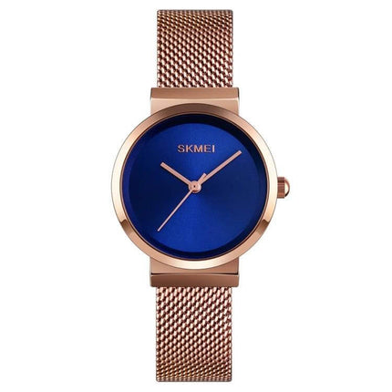 Skmei Waterproof Quartz Watch for Women and Daily Wear - rose gold mesh band, blue dial, analog business-style waterproof 30m timepiece for work
