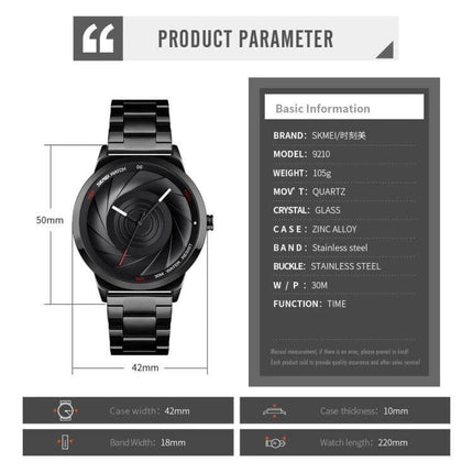 Skmei Gold Waterproof Business Wristwatch for Men - product parameters diagram showing 42mm case, 30M water resistance, stainless steel band and quartz movement