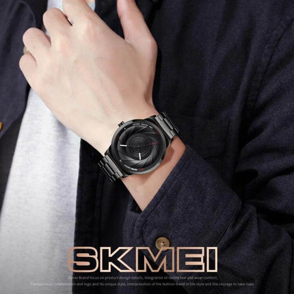 Skmei Gold Waterproof Business Wristwatch for Men on wrist in business attire showing classic gold finish and water-resistant design