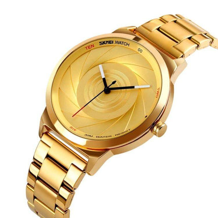 Skmei Gold Waterproof Business Wristwatch for Men, gold stainless steel band, elegant business dress watch, 30m water resistant
