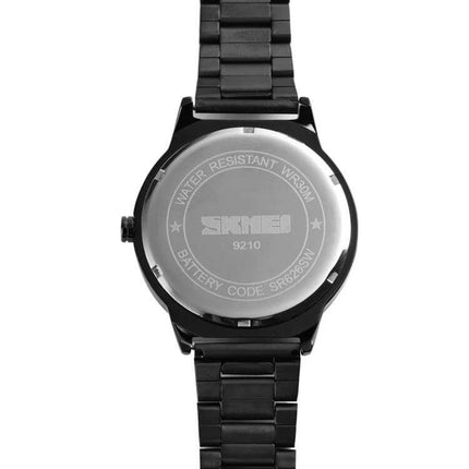 Skmei Gold Waterproof Business Wristwatch for Men rear view showing stainless back, 30m water resistant and model 9210