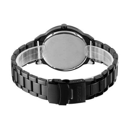 Skmei Gold Waterproof Business Wristwatch for Men showing back case and metal bracelet, Japanese quartz, 30m water resistance