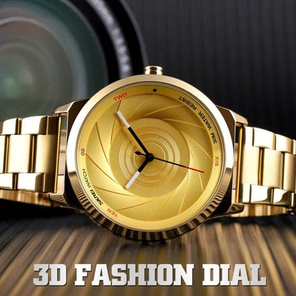 Skmei Gold Waterproof Business Wristwatch for Men with 3D gold dial, stainless steel bracelet and 30m water resistance, Japanese quartz movement