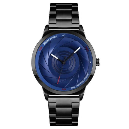 Skmei Gold Waterproof Business Wristwatch for Men with blue spiral dial, black metal bracelet, Japanese quartz movement, 30m water resistant